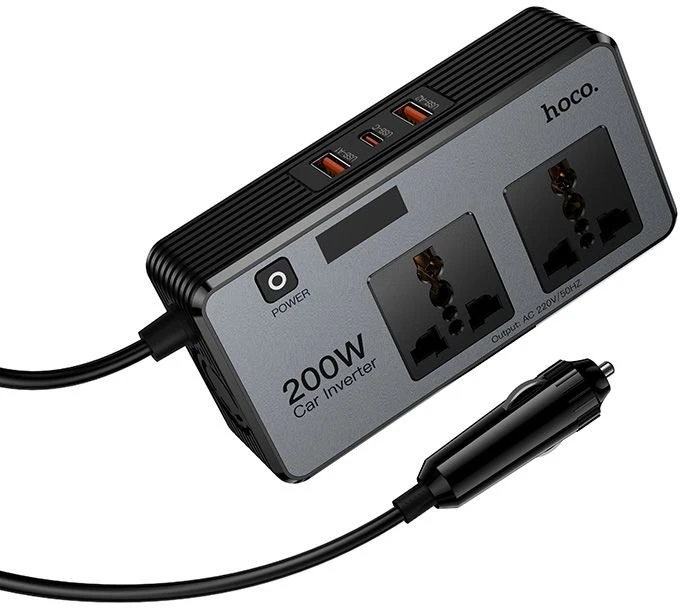Išmanus dvigubas automobilio inverterinis įkroviklis Hoco 2 žiebtuvėlių jungtys max 200W PD66W/1C2A Z66 juodas