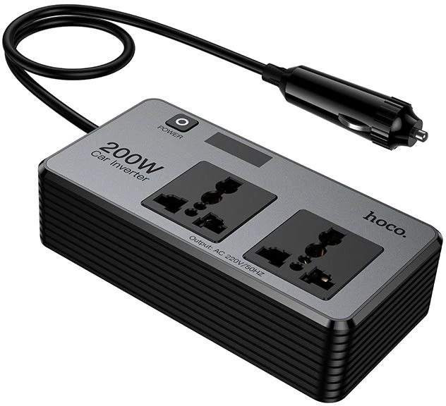 Išmanus dvigubas automobilio inverterinis įkroviklis Hoco 2 žiebtuvėlių jungtys max 200W PD66W/1C2A Z66 juodas