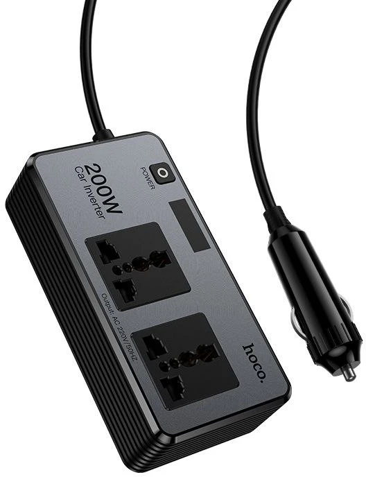 Išmanus dvigubas automobilio inverterinis įkroviklis Hoco 2 žiebtuvėlių jungtys max 200W PD66W/1C2A Z66 juodas