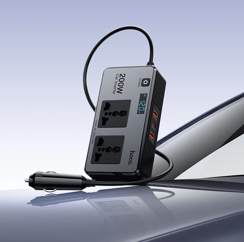 Išmanus dvigubas automobilio inverterinis įkroviklis Hoco 2 žiebtuvėlių jungtys max 200W PD66W/1C2A Z66 juodas