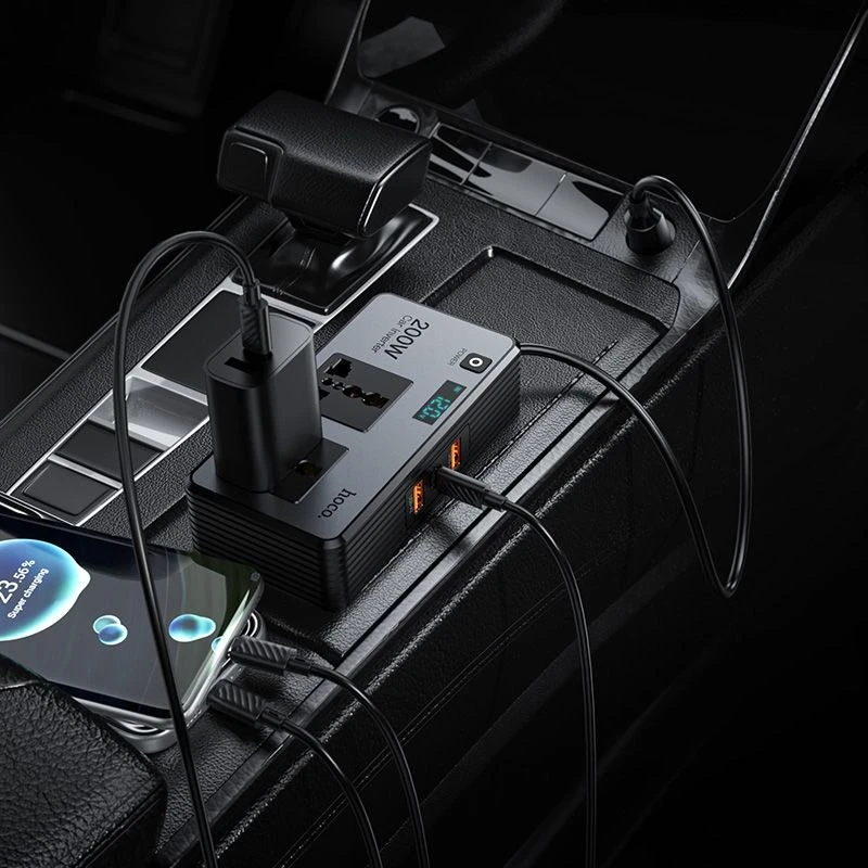 Išmanus dvigubas automobilio inverterinis įkroviklis Hoco 2 žiebtuvėlių jungtys max 200W PD66W/1C2A Z66 juodas