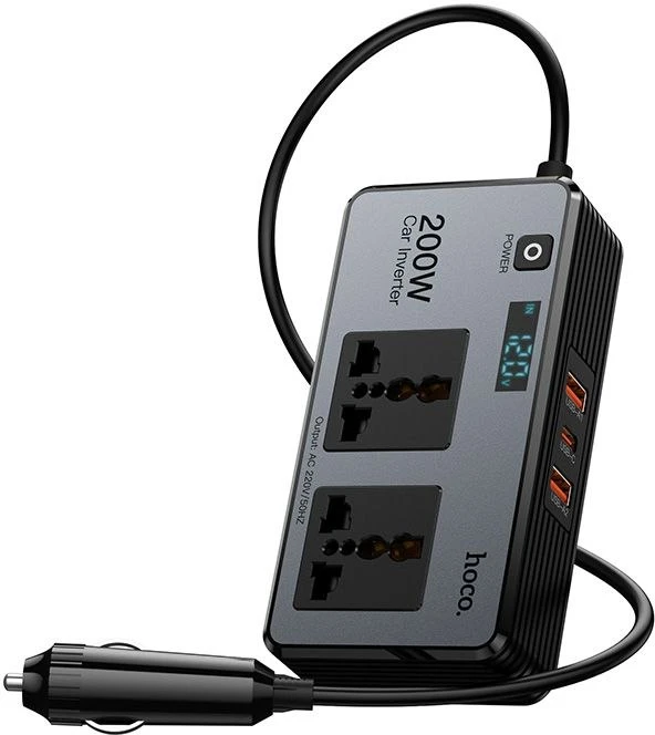 Išmanus dvigubas automobilio inverterinis įkroviklis Hoco 2 žiebtuvėlių jungtys max 200W PD66W/1C2A Z66 juodas