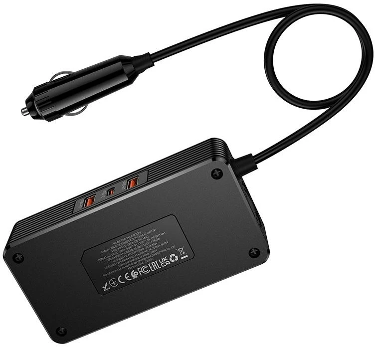 Išmanus dvigubas automobilio inverterinis įkroviklis Hoco 2 žiebtuvėlių jungtys max 200W PD66W/1C2A Z66 juodas