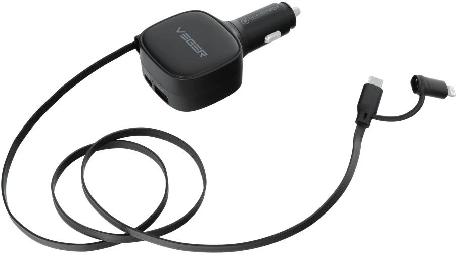 Automobilinis įkroviklis VEGER USB C + kabelis USB C / Lightning QC PD 84W CC89 juodas