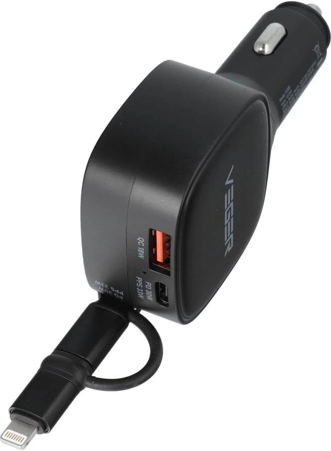 Automobilinis įkroviklis VEGER USB C + kabelis USB C / Lightning QC PD 84W CC89 juodas