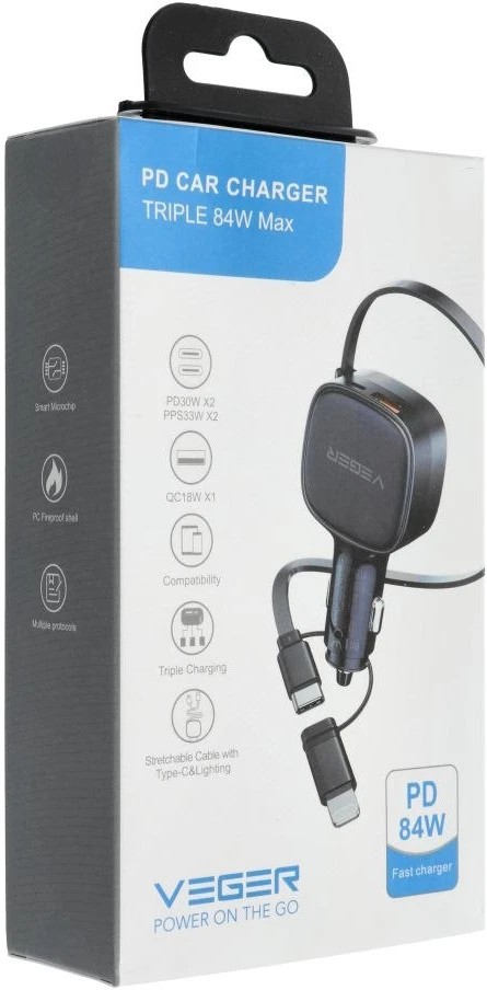 Automobilinis įkroviklis VEGER USB C + kabelis USB C / Lightning QC PD 84W CC89 juodas