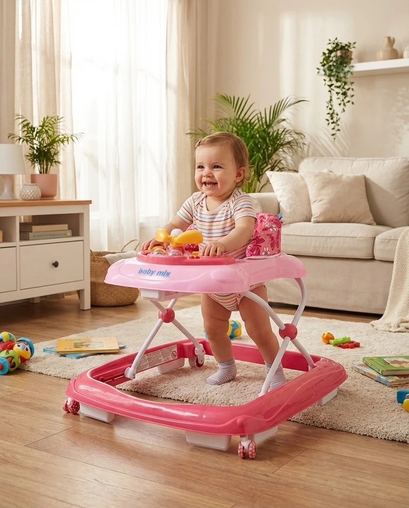 Baby Mix vaikštynė su vairu ir rožiniais silikoniniais ratukais