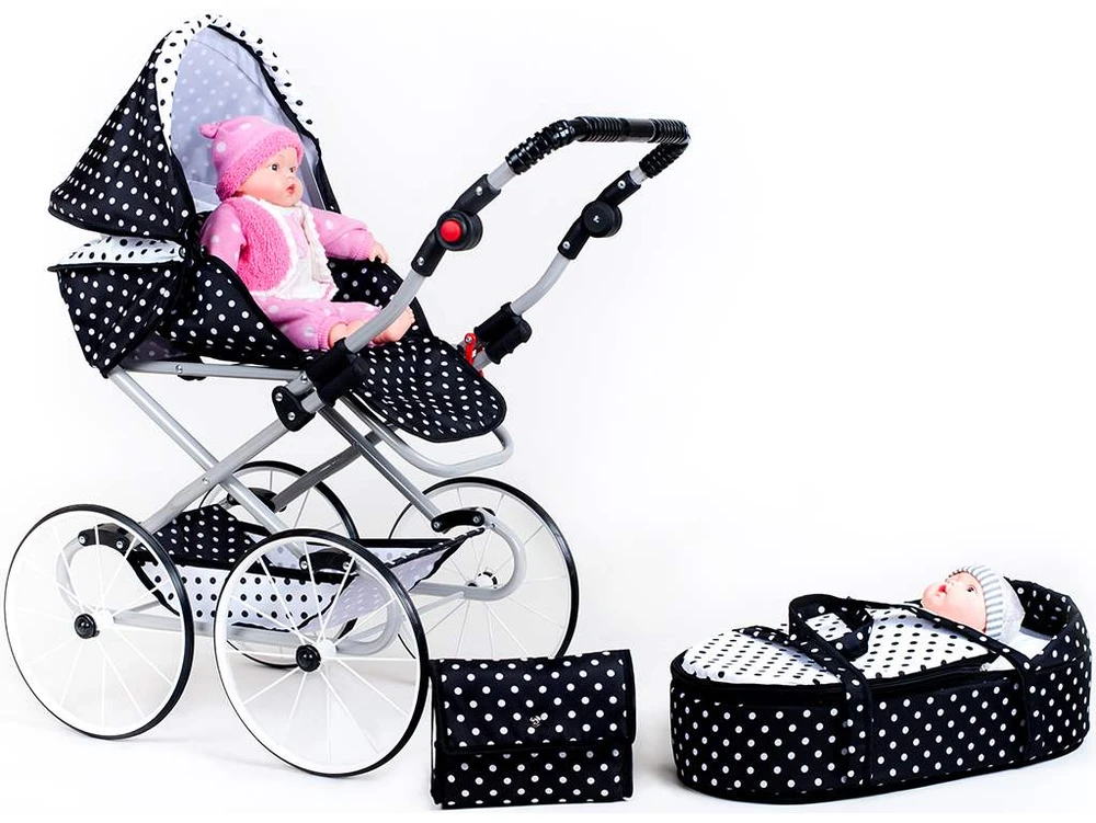 Baby Retro vežimėlis lėlėms 2in1 New Baby Natálka baltas-juodas