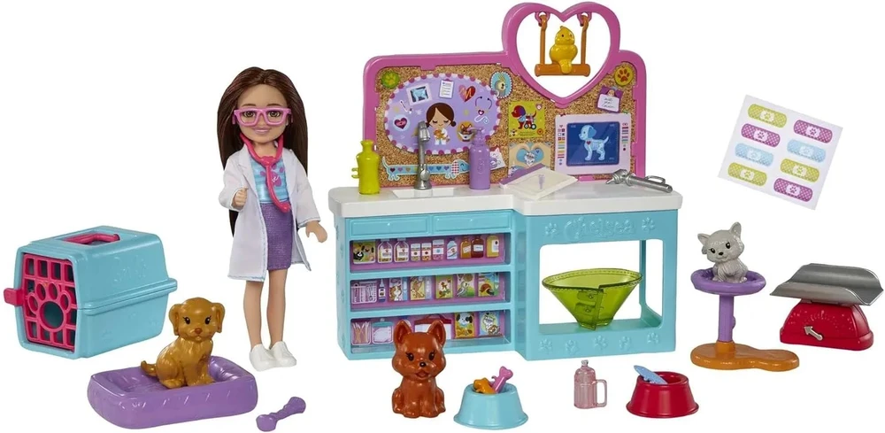 Barbie Chelsea veterinarijos žaislų rinkinys su naminių gyvūnėlių priežiūra HGT12 Mattel