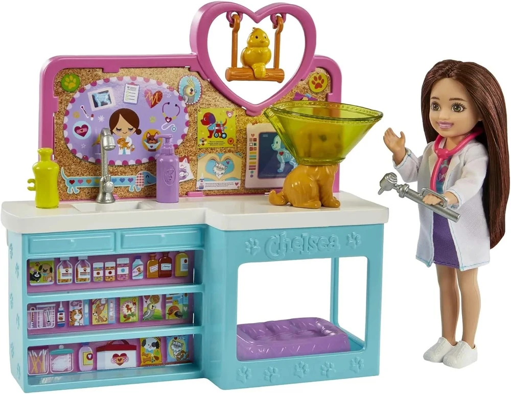 Barbie Chelsea veterinarijos žaislų rinkinys su naminių gyvūnėlių priežiūra HGT12 Mattel