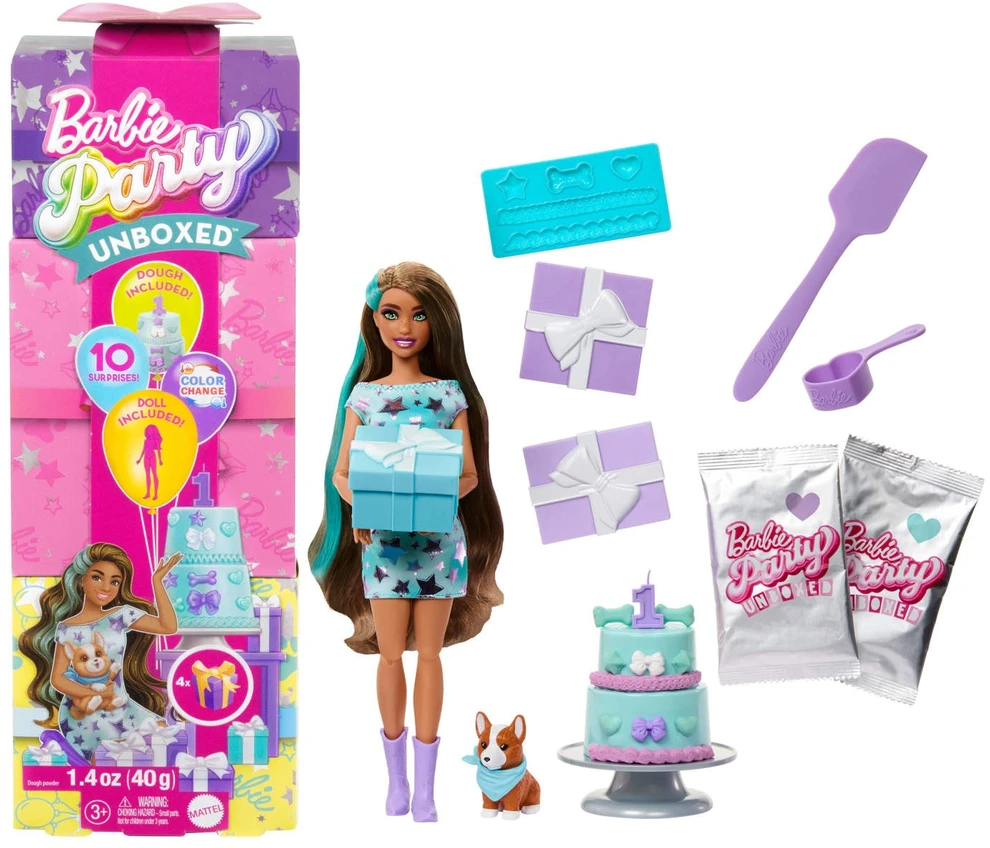 Mattel BARBIE PARTY UNBOXED REVEAL siurprizų rinkinys - tamsiaplaukė lėlė (JFG72)