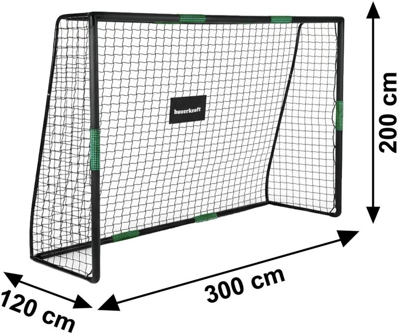 Bauerkraft Dideli metaliniai futbolo vartai su treniruočių tinklu žaidimui futbolu 300x200x120 cm juodos ir žalios spalvos
