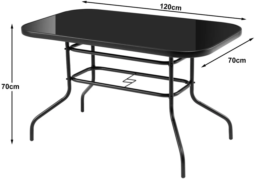 Bauerkraft Didelis stiklinis sodo stalas terasai, balkonui, 120x70, juodas, 6 asmenims