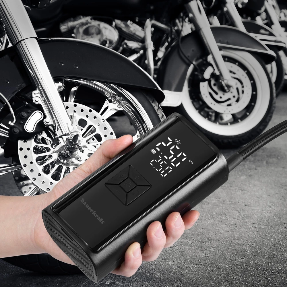 Bauerkraft Elektrinė dviračio pompa, padangų kompresorius, 6000mAh išorinė baterija, LED žibintuvėlis
