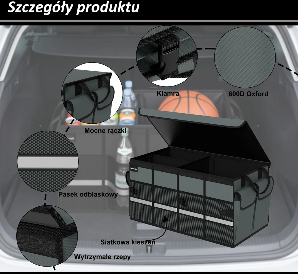 Bauerkraft Sulankstoma neslystanti automobilinė organizavimo dėžė bagažinei, automobilio krepšys, pilka