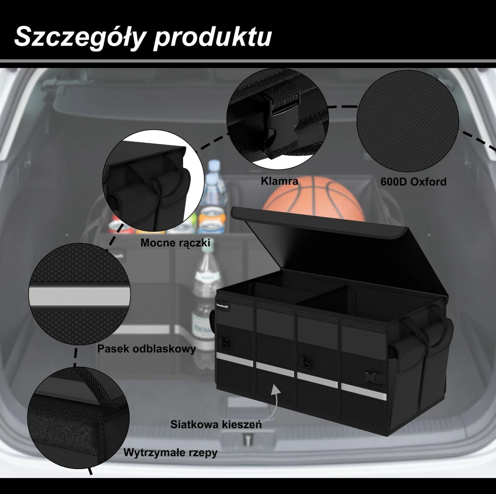 Bauerkraft Sulankstomas neslystantis automobilinis bagažinės organizatorius, automobilio krepšys, juodas