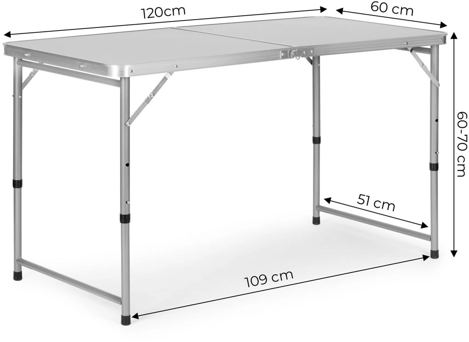 Bauerkraft Sulankstomas turizmo staliukas su lagaminu, nešiojimo rankena, aukščio reguliavimu ir 4 kėdžių komplektu, 120x60x70 cm, sidabrinis