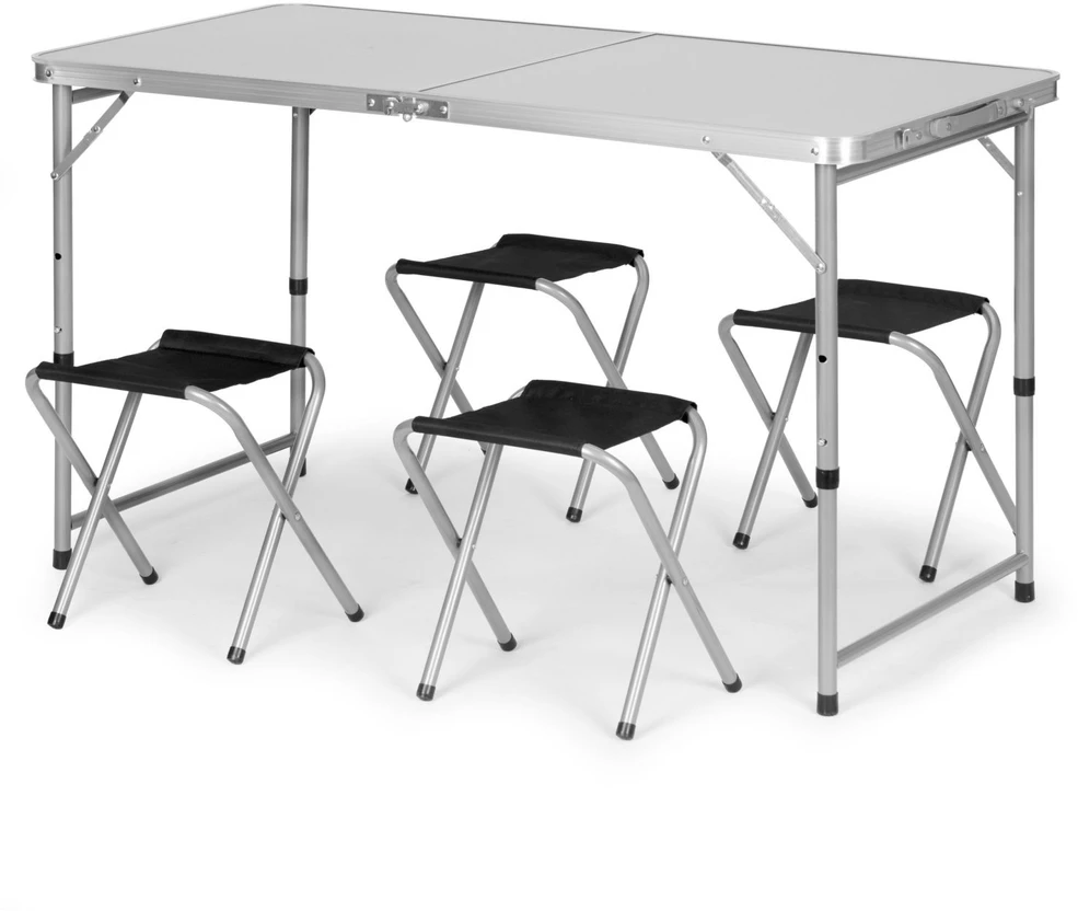 Bauerkraft Sulankstomas turizmo staliukas su lagaminu, nešiojimo rankena, aukščio reguliavimu ir 4 kėdžių komplektu, 120x60x70 cm, sidabrinis