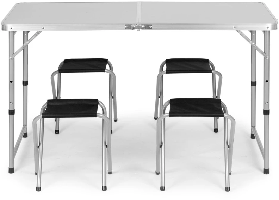 Bauerkraft Sulankstomas turizmo staliukas su lagaminu, nešiojimo rankena, aukščio reguliavimu ir 4 kėdžių komplektu, 120x60x70 cm, sidabrinis