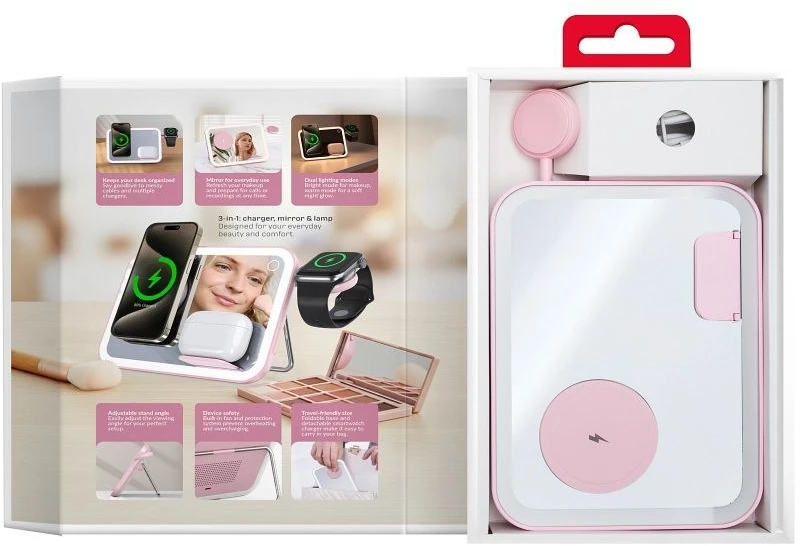 Forcell Belaidė 3in1 krovimo stotelė su veidrodžiu rožinė