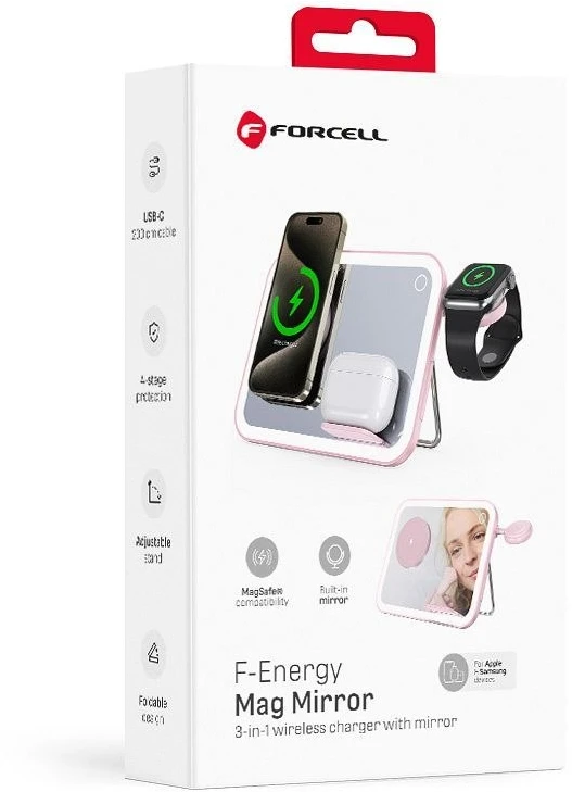 Forcell Belaidė 3in1 krovimo stotelė su veidrodžiu rožinė