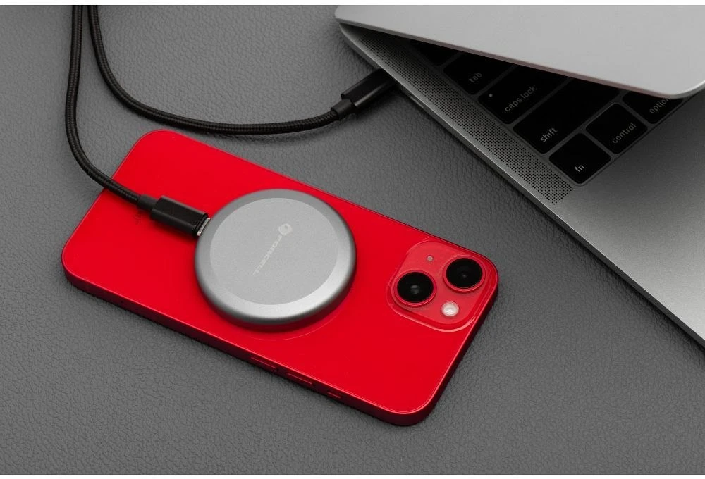 Belaidis įkroviklis Forcell F-Energy Smart Charge USB C Qi2 15W, suderinamas su MagSafe, su nuimamu laidu, 1,5 m ilgio, sidabrinis
