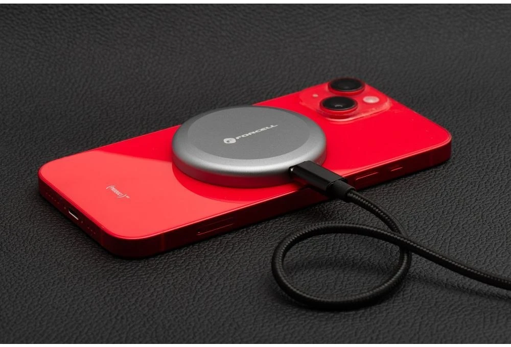 Belaidis įkroviklis Forcell F-Energy Smart Charge USB C Qi2 15W, suderinamas su MagSafe, su nuimamu laidu, 1,5 m ilgio, sidabrinis