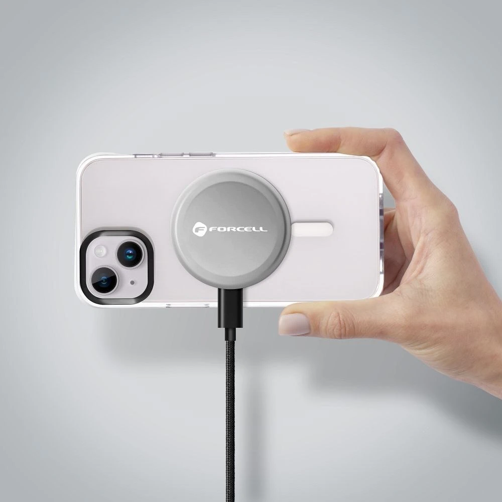 Belaidis įkroviklis Forcell F-Energy Smart Charge USB C Qi2 15W, suderinamas su MagSafe, su nuimamu laidu, 1,5 m ilgio, sidabrinis