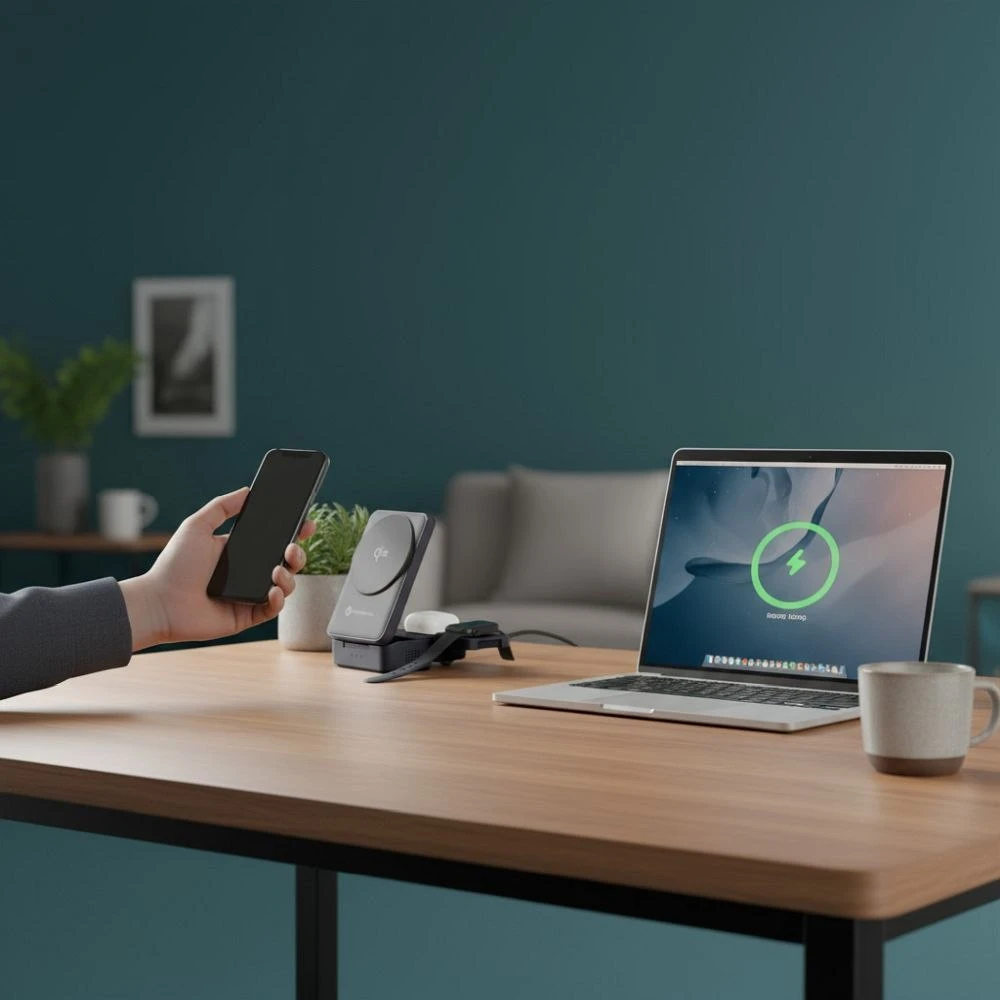 Belaidis įkroviklis Forcell F-Energy 3in1 Flex Pro Qi2, suderinamas su MagSafe (F-05) sidabrinis