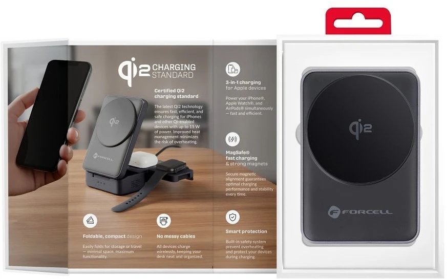 Belaidis įkroviklis Forcell F-Energy 3in1 Flex Pro Qi2, suderinamas su MagSafe (F-05) sidabrinis