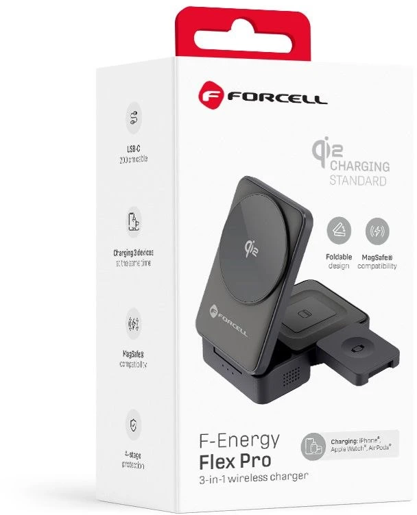 Belaidis įkroviklis Forcell F-Energy 3in1 Flex Pro Qi2, suderinamas su MagSafe (F-05) sidabrinis
