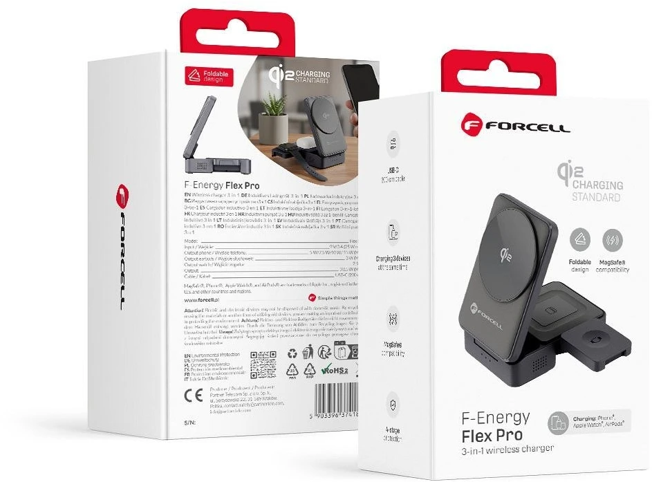 Belaidis įkroviklis Forcell F-Energy 3in1 Flex Pro Qi2, suderinamas su MagSafe (F-05) sidabrinis