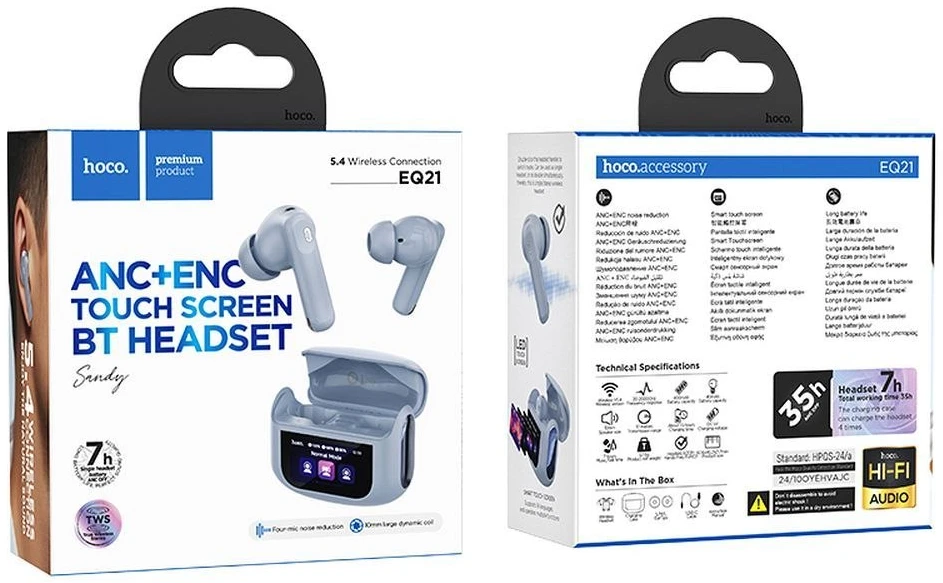 HOCO belaidės ausinės bluetooth su touch screen TWS ANC + ENC EQ21 mėlynas star