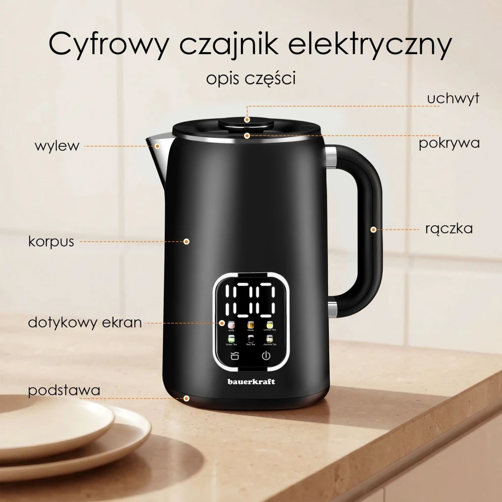 Bauerkraft Elektrinis juodas virdulys 1,7 l, su temperatūros reguliavimo funkcija