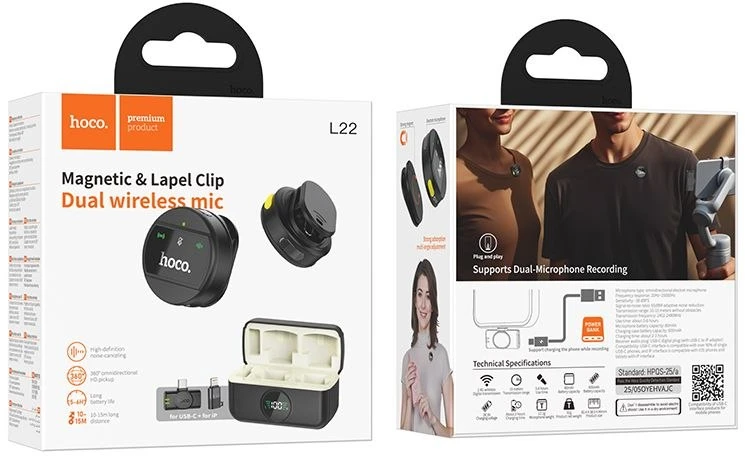 Belaidžiai mikrofonai 2in1 „Lightning“ / USB C Hoco L22 juodas