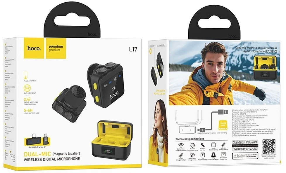 Belaidis prisegamas mikrofonas „Lightning“ / USB C Hoco 2 vnt. L17 juodas