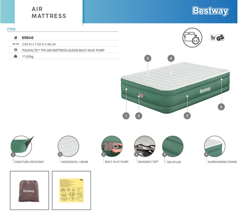 "Bestway" pripučiamas dvivietis pripučiamas čiužinys 203x152x46cm 69646