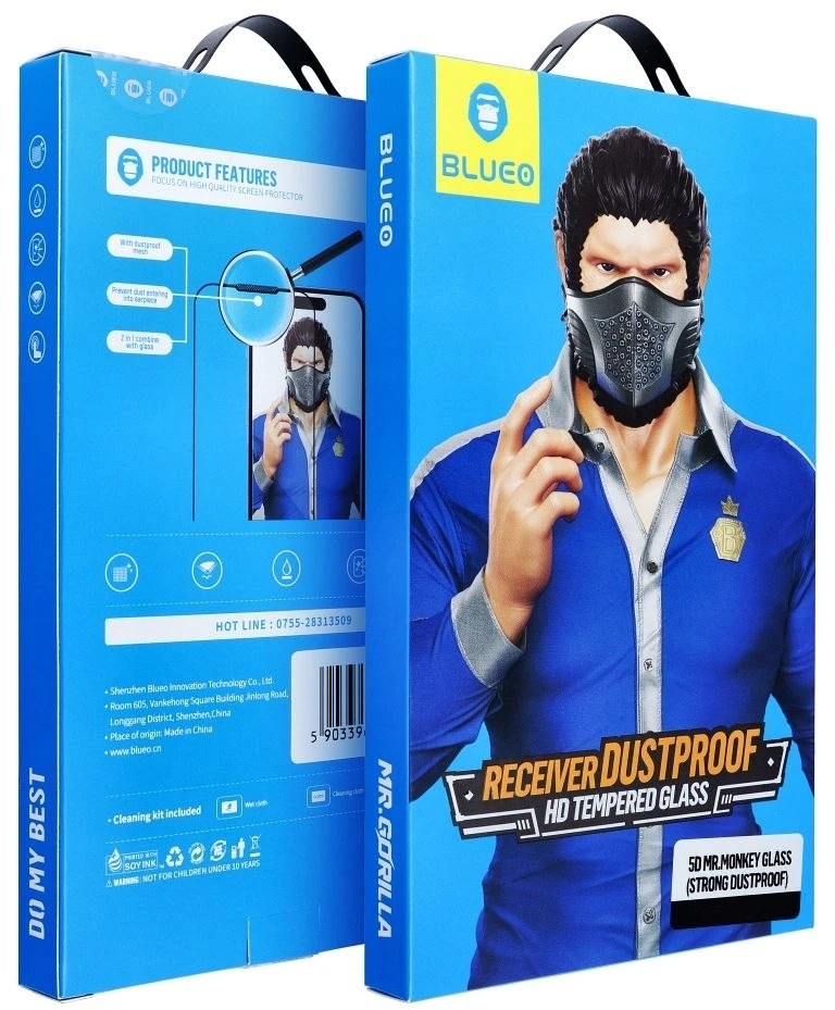 „Blueo 5D Mr. Monkey Glass“ – „Apple iPhone 16 juodas“ (tvirtas, atsparus dulkėms)
