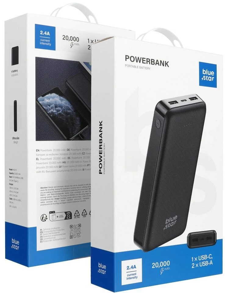 BlueStar Powerbank Blue Star W2015 2.1A 20000 mAh juodas