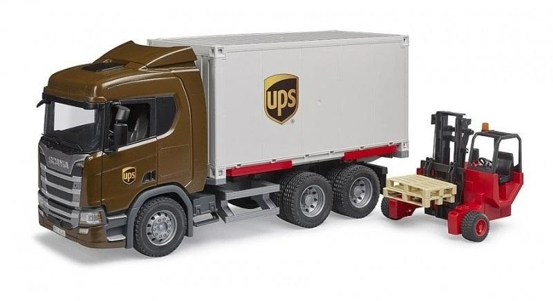 Bruder Žaislinis sunkvežimis Scania Super 560R su konteineriu ir šakiniu krautuvu