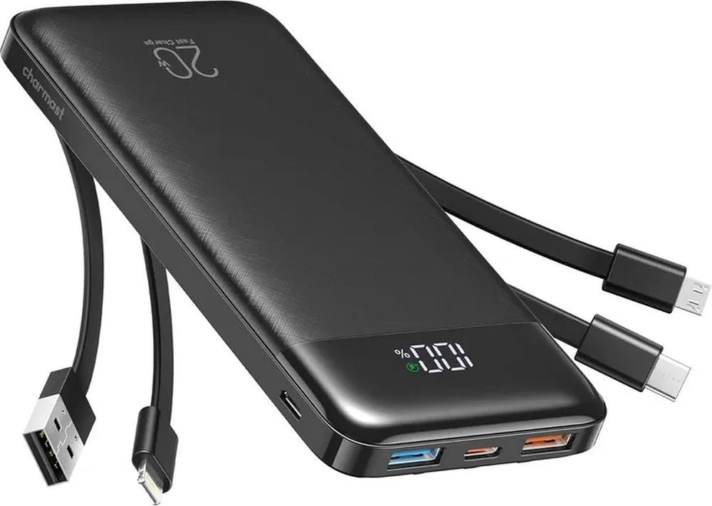 Nešiojamoji baterija Charmast W1148 5V 3A 10000 mAh su integruotais laidais USB A / USB C / Lightning / Micro USB juodas