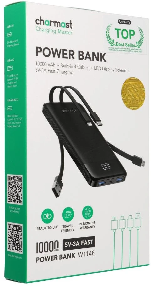 Nešiojamoji baterija Charmast W1148 5V 3A 10000 mAh su integruotais laidais USB A / USB C / Lightning / Micro USB juodas
