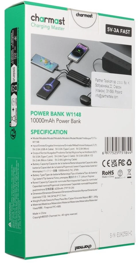 Nešiojamoji baterija Charmast W1148 5V 3A 10000 mAh su integruotais laidais USB A / USB C / Lightning / Micro USB juodas