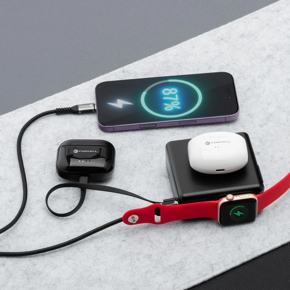 Daugiafunkcis įkroviklis Forcell F-Energy 6in1 USB A + USB C PD 45W + išorinė baterija 15000 mAh + belaidis įkrovimas 15W juodas