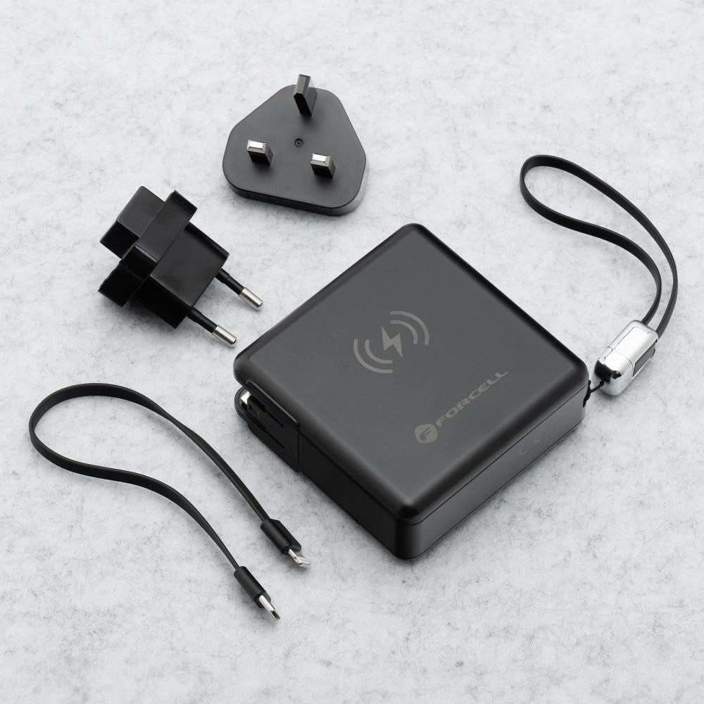 Daugiafunkcis įkroviklis Forcell F-Energy 6in1 USB A + USB C PD 45W + išorinė baterija 15000 mAh + belaidis įkrovimas 15W juodas