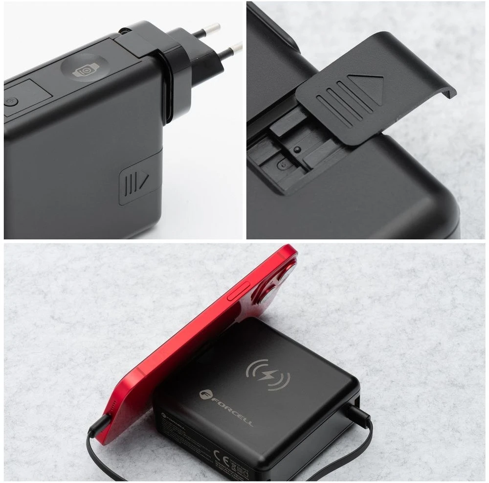 Daugiafunkcis įkroviklis Forcell F-Energy 6in1 USB A + USB C PD 45W + išorinė baterija 15000 mAh + belaidis įkrovimas 15W juodas