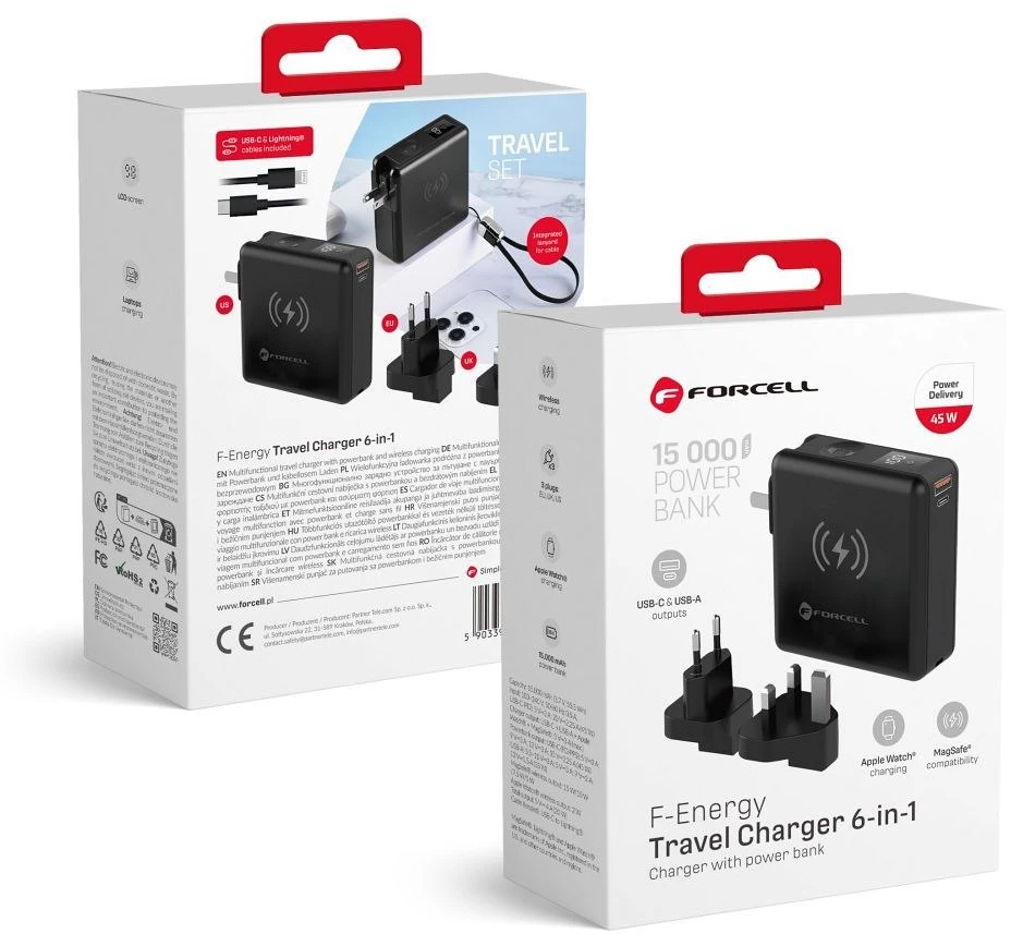 Daugiafunkcis įkroviklis Forcell F-Energy 6in1 USB A + USB C PD 45W + išorinė baterija 15000 mAh + belaidis įkrovimas 15W juodas