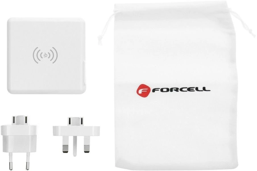 Daugiafunkcis įkroviklis Forcell F-Energy 4in1 2 x USB A + USB C 15W + išorinė baterija 8000mAh + belaidis įkrovimas baltas