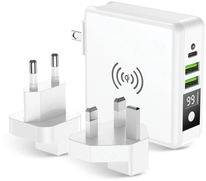 Daugiafunkcis įkroviklis Forcell F-Energy 4in1 2 x USB A + USB C 15W + išorinė baterija 8000mAh + belaidis įkrovimas baltas