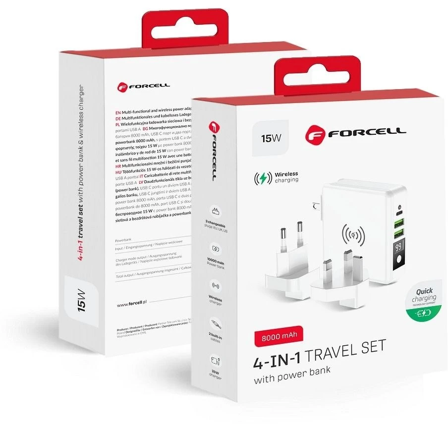 Daugiafunkcis įkroviklis Forcell F-Energy 4in1 2 x USB A + USB C 15W + išorinė baterija 8000mAh + belaidis įkrovimas baltas